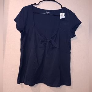 Hollister Women's Black Blue  Short Sleeve Tie-Front Tee Sz XL
